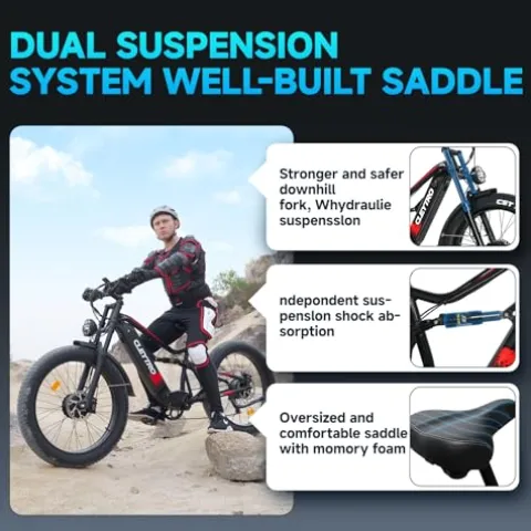 Cleytro Adult Electric Bike 1500W Dual Motor 52V21Ah Battery 37MPH 50Miles Range 26 Inch Fat Tire Beach Mountain Electric Bike Hydraulic Disc Brakes Full Suspension ES7PRO 1500W 37MPH Black