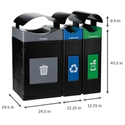 Commercial Zone Products Avante™ Series Black Triple-Stream Trash Recycling Compost Center 55-Gallon Square 30-Gallon Narrow