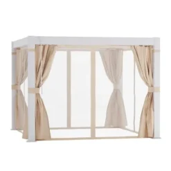 COSIEST 10’×10′ Louvered Aluminum Pergola with Adjustable Roof, Netting & Curtains White