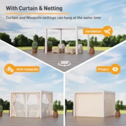 COSIEST 10’×10′ Louvered Aluminum Pergola with Adjustable Roof, Netting & Curtains White