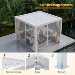 COSIEST 10’×10′ Louvered Aluminum Pergola with Adjustable Roof, Netting & Curtains White