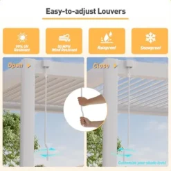 COSIEST 10’×10′ Louvered Aluminum Pergola with Adjustable Roof, Netting & Curtains White