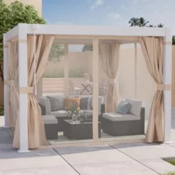 COSIEST 10’×10′ Louvered Aluminum Pergola with Adjustable Roof, Netting & Curtains White