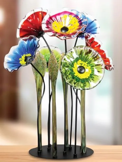 Dale Tiffany Fiore Bloom Hand Blown Glass Flower Sculpture with Metal Stand Multicolor 34.5