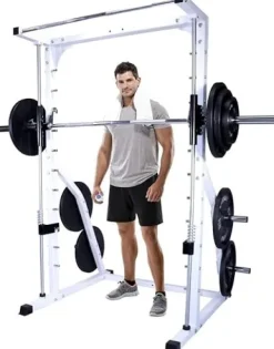 Deltech Fitness DF4900 Smith Machine with Linear Bearings, Weight Plate Storage, Pull-Up Bar, Squat Rack, Half Power Cage White and Black