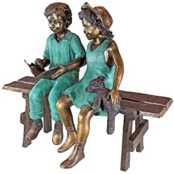Design Toscano Read to Me Boy and Girl on Bench Cast Bronze Garden Statue Two Tone Bronze & Verdigris