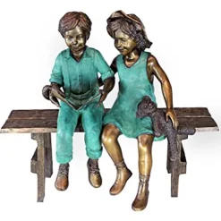 Design Toscano Read to Me Boy and Girl on Bench Cast Bronze Garden Statue Two Tone Bronze & Verdigris