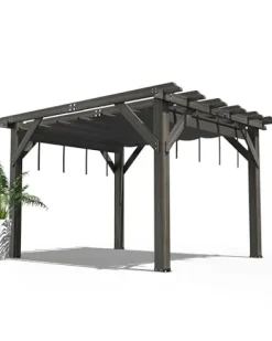 DEXSO 10′ x 12′ Cedar Wood Pergola with Retractable Shade Canopy Charcoal Gray
