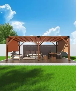 DEXSO 12′ x 20′ Cedar Wood Pergola with Retractable Shade Canopy Reddish-Brown