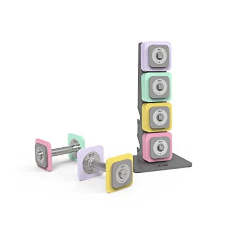 DHT DYNAMIC HEALTH TECH Adjustable Dumbbells Set with Rack, All-Purpose Fitness, Anti-Rolling, 4-22.8 lbs Macaron – 1 set