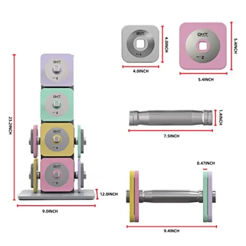 DHT DYNAMIC HEALTH TECH Adjustable Dumbbells Set with Rack, All-Purpose Fitness, Anti-Rolling, 4-22.8 lbs Macaron – 1 set