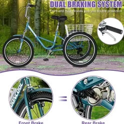 DoCred Adult Folding Tricycle 7-Speed 20/24/26-Inch Peacock Blue