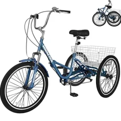 DoCred Adult Folding Tricycle 7-Speed 20/24/26-Inch Peacock Blue