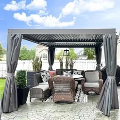 Domi Outdoor Living Louvered Pergola 10x13FT Aluminum Rainproof Backyard with Curtains and Netting Gray
