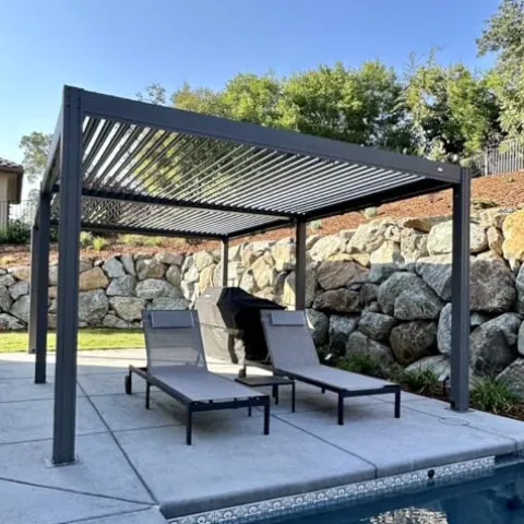 Domi Outdoor Living Louvered Pergola 10x13FT Aluminum Rainproof Backyard with Curtains and Netting Gray