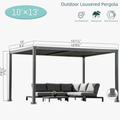 Domi Outdoor Living Louvered Pergola 10x13FT Aluminum Rainproof Backyard with Curtains and Netting Gray