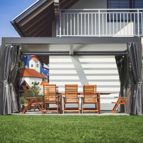 Domi Outdoor Living Louvered Pergola 10x13FT Aluminum Rainproof Backyard with Curtains and Netting Gray