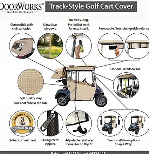 DOORWORKS GOLF CART ENCLOSURES Black Vinyl Golf Cart Cover for EZGO TXT 14+ – Track-Style Marine Grade – Fits Golf Bags, Utility Box or Rear Facing Seat