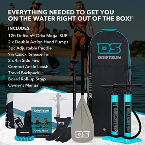 Driftsun Inflatable Paddle Board Teal 12ft x 45in Extra Wide Stand Up SUP Package