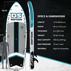 Driftsun Inflatable Paddle Board Teal 12ft x 45in Extra Wide Stand Up SUP Package