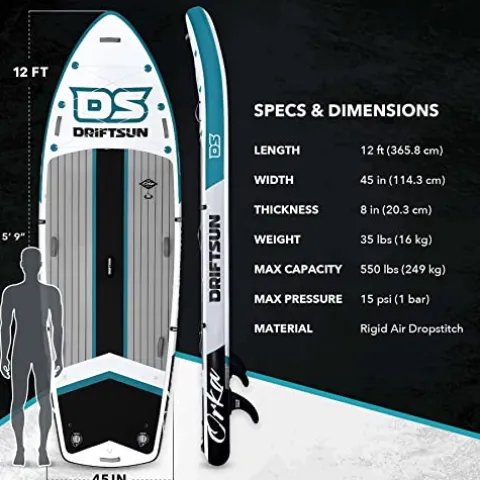 Driftsun Inflatable Paddle Board Teal 12ft x 45in Extra Wide Stand Up SUP Package