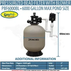 EasyPro Pond Products Pressurized Bead Filter with Blower 6000 Gallon Max