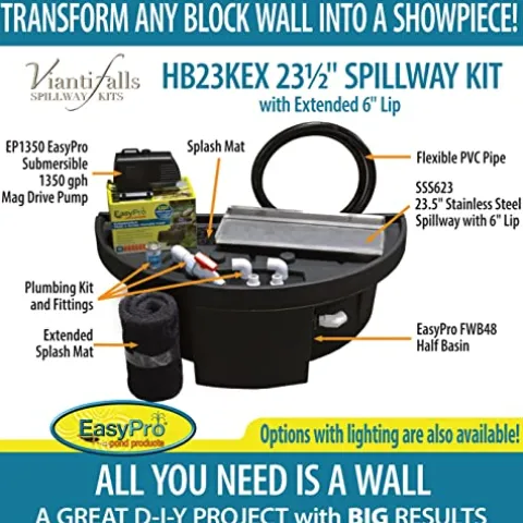 EasyPro Pond Products Vianti Falls Kit 23.5” Stainless Steel Spillway with Basin & EP1350 Pump No Light