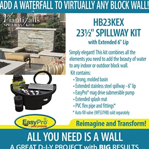 EasyPro Pond Products Vianti Falls Kit 23.5” Stainless Steel Spillway with Basin & EP1350 Pump No Light