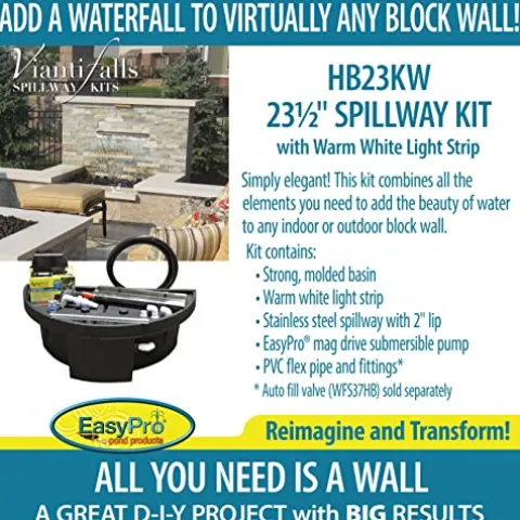 EasyPro Pond Products Vianti Falls 23 Inch Spillway Kit with White LED