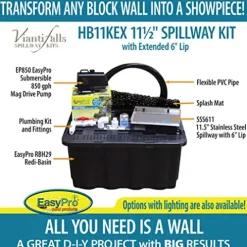 EasyPro Pond Products Vianti Falls Kit – Add a Waterfall to Any Block Wall – 11 ½” Stainless Spillway w/6” Extended Lip, Basin, EP850 Pump – No Light