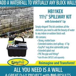 EasyPro Pond Products Vianti Falls Kit – Add a Waterfall to Any Block Wall – 11 ½” Stainless Spillway w/6” Extended Lip, Basin, EP850 Pump – No Light