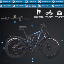 E·Bycco Dual 1000W Motors 2000W Electric Bike for Adults, 35MPH 48V 23Ah Battery Electric Bicycle, Full Suspension 26″*4.0 Fat Tire Hydraulic Disc Brake, Beach Off-Road Mountain E-Bike for Men EB7Pro Blue/2000W/Dual Motor