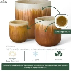 Emissary Amber Stoneware Round Planters Set of 3 20in. L x 20in. H