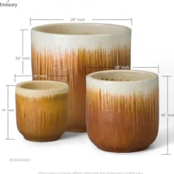 Emissary Amber Stoneware Round Planters Set of 3 20in. L x 20in. H