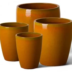 Emissary Bright Orange Ceramic Round Planters Set of 4 with Drainage Holes (12in., 14in., 15.5in., 21in.)