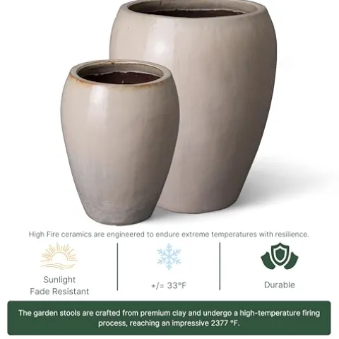 Emissary Distressed White Stoneware Round Planters 25in. L x 30in. H (Set of 2)