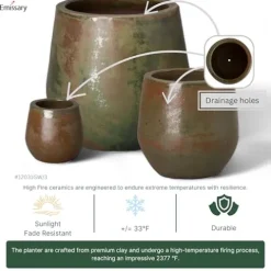 Emissary 21in Green Wash Stoneware Round Planters – Set of 3