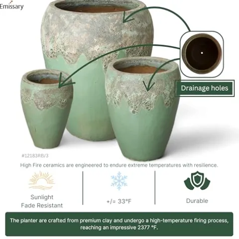 Emissary 22in Stoneware Round Planters Set of 3 Reef/Spa Blue