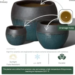 Emissary Matte Black/Teal Stoneware Round Planters Set of 3
