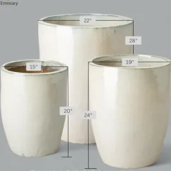 Emissary Pearl White Stoneware Round Planters Set of 3 22in x 28in