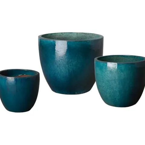 Emissary Teal Ceramic Round Planters Set of 3 (12in, 15in, 19in) with Drainage Hole