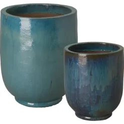 Emissary Teal Stoneware Round Planters Set of 2 23.5in L x 29in H