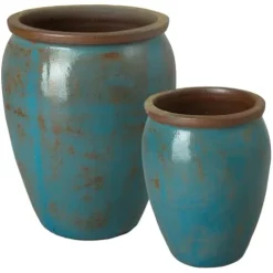 Emissary Turquoise Wash Stoneware Round Planters Set of 2 22in x 29in