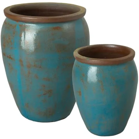Emissary Turquoise Wash Stoneware Round Planters Set of 2 22in x 29in