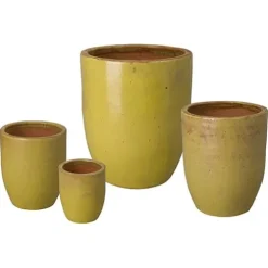 Emissary Yellow Ceramic Round Planters Set of 4 with Drainage Holes (15in, 20.5in, 26.5in, 33.5in)