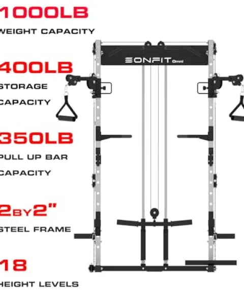 EonfitOmni Power Rack Home Gym Power Cage with Pulley System Cable Crossover LAT Pulldown Fitness Machine Red