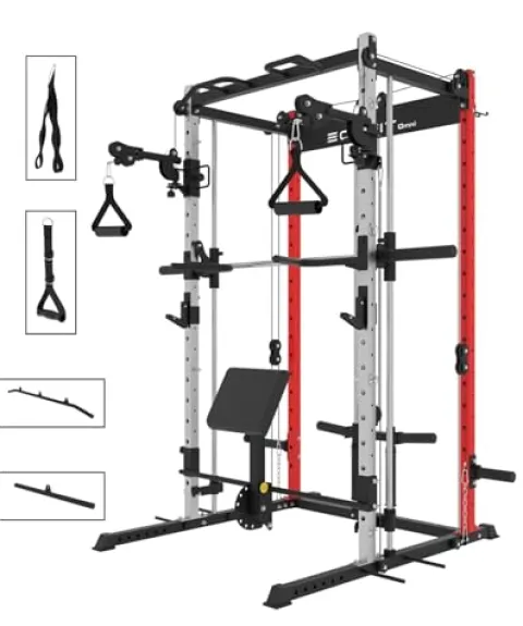 EonfitOmni Power Rack Smith Machine with Cable Crossover Red (with Pad Support)
