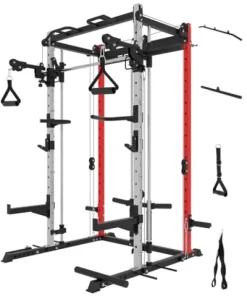 EonfitOmni Smith Machine Power Cage Multifunctional Squat Rack with Smith Bar, Pulley System for Strength Training Equipment 1000lbs Red3
