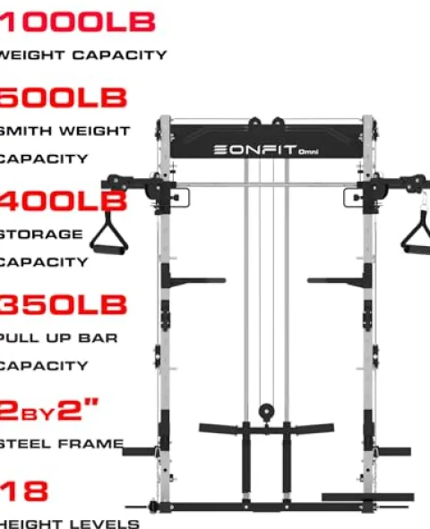 EonfitOmni Smith Machine Power Cage Squat Rack with Cable Crossover, Red320
