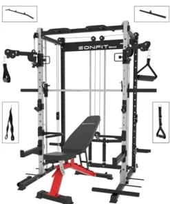 EonfitOmni Smith Machine Squat Rack Cable Crossover Pulley System Home Gym Equipment Black with Red Bench